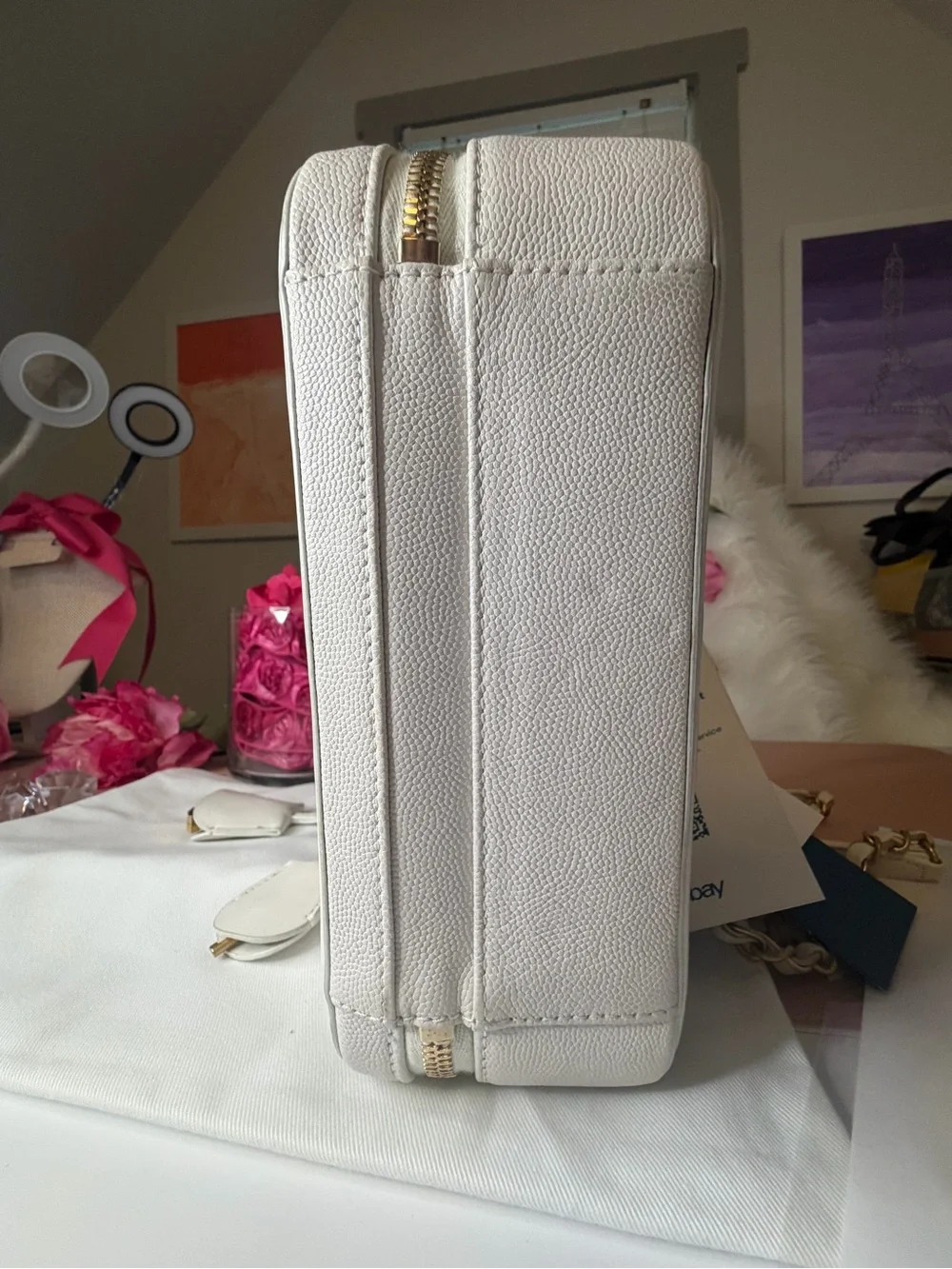 Authentic Chanel CC Filigree Vanity Case White Caviar Gold Hardware COA ICONIC